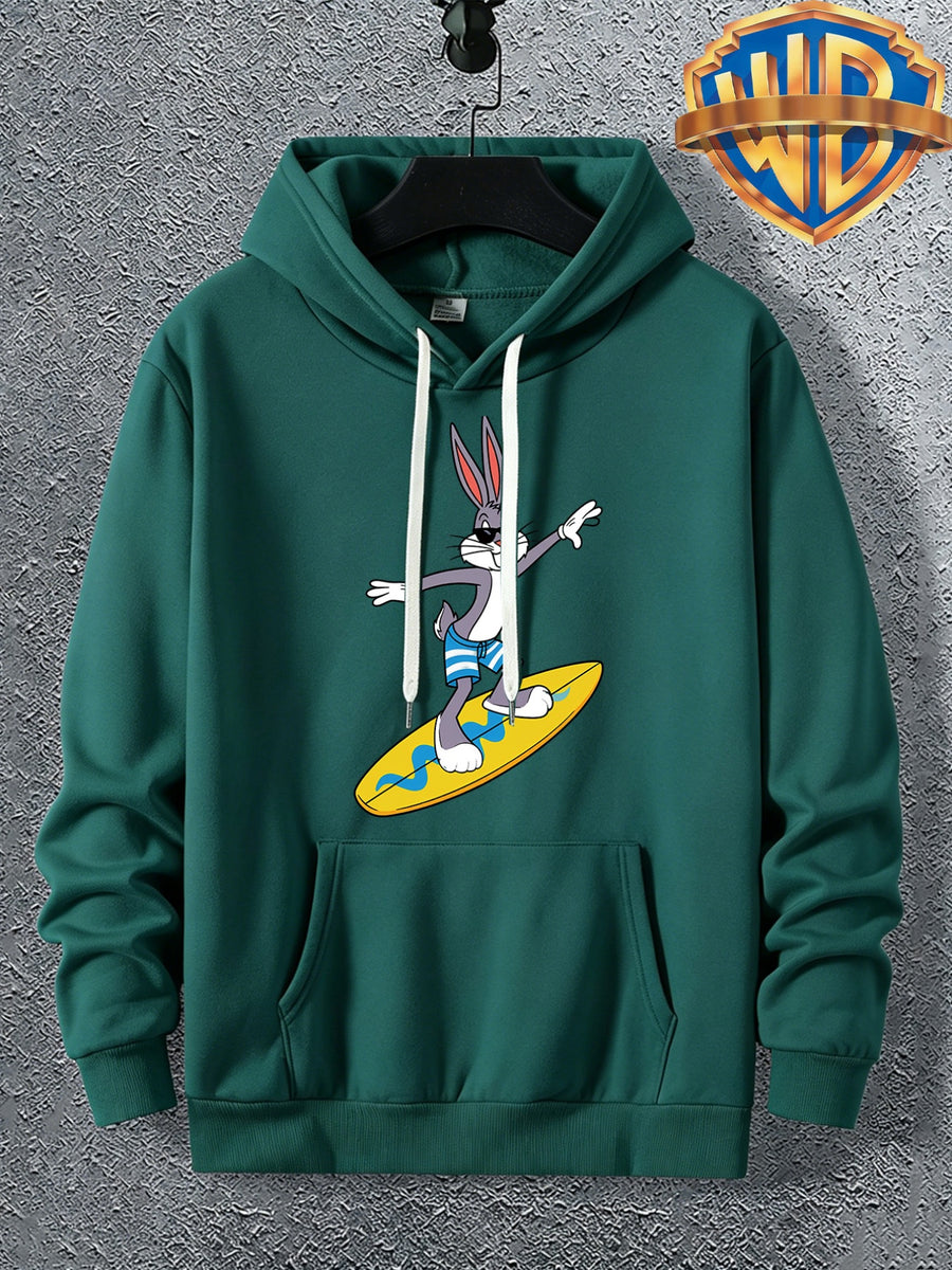 Warner Bros. Official Men's Autumn Hooded Sweatshirt, with Ribbed Cuffs, Breathable Polyester Fabric, Summer Beach Surfing Anime Print, Suitable for Casual and Sporty Outfits, Friend Gatherings, and Daily Shopping, Pocket Storage - Green