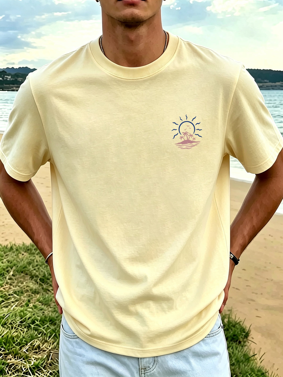 Men'S New Pure Short Sleeve Round Neck T-Shirt Palm Tree Tropical Coast Sunset Print Comfortable Soft Breathable Suitable for Casual Summer Essential - Apricot