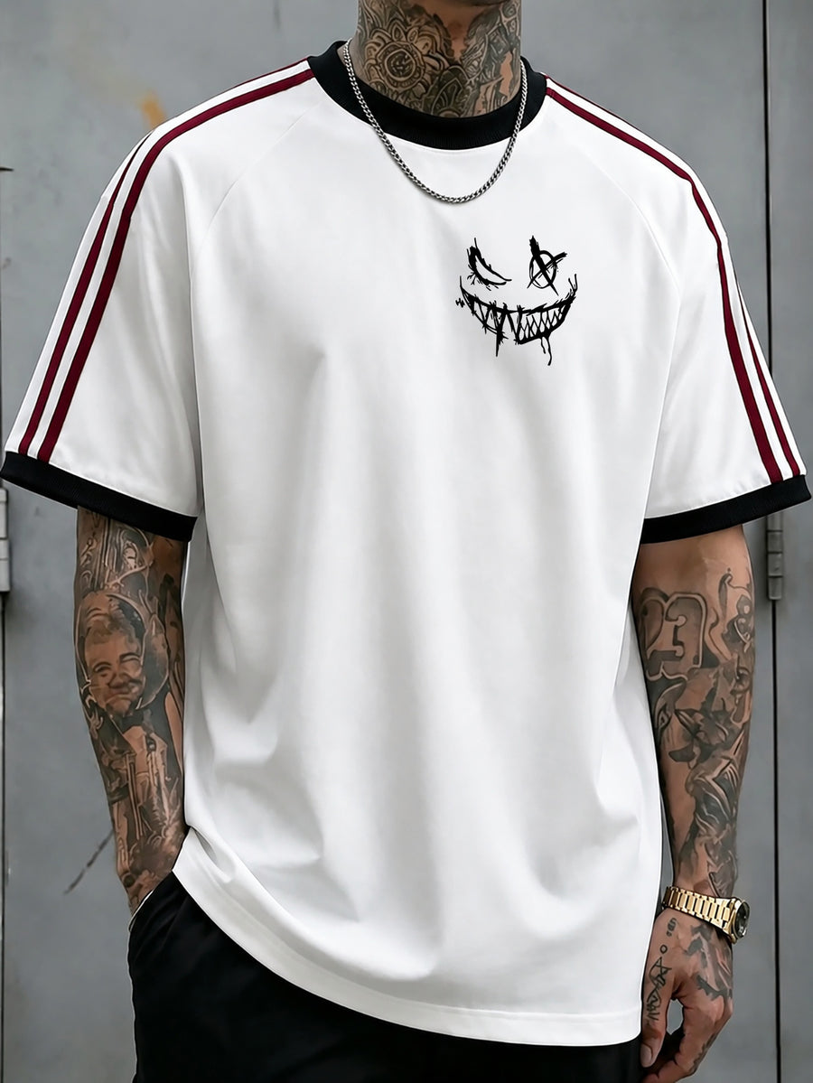 Warner Bros Official Everyday Versatile Striped Raglan T-Shirt, Vintage Sketch Layout with DC Joker English Slogan, Loose Short-Sleeve Top, Double-Sided Front and Back Print, Men's 100% Pure Cotton Versatile Sporty Casual Style Summer Short-Sleeve - White