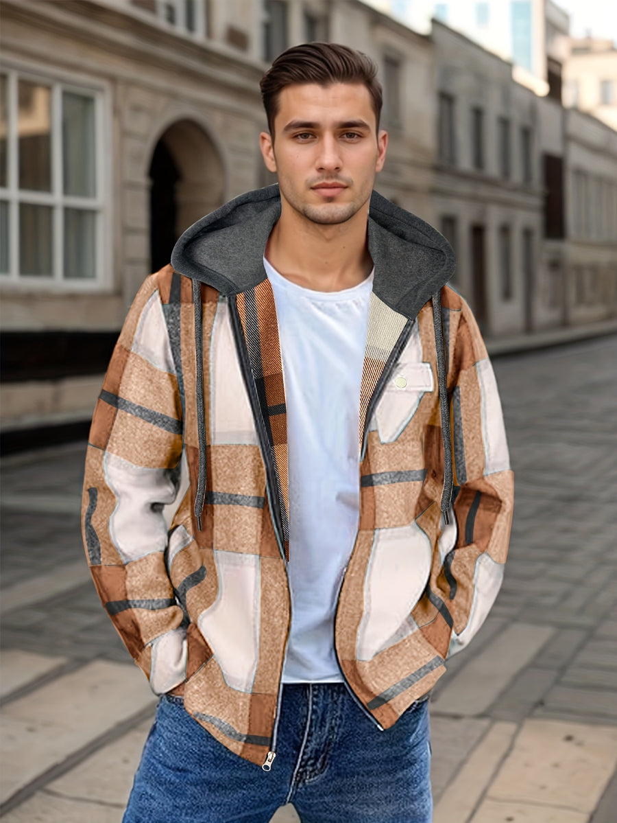 Men's Flannel Jacket Sherpa Lined Shirt Jacket Plaid Zip Up Hoodie Winter Warm Coats with Hood - Khaki
