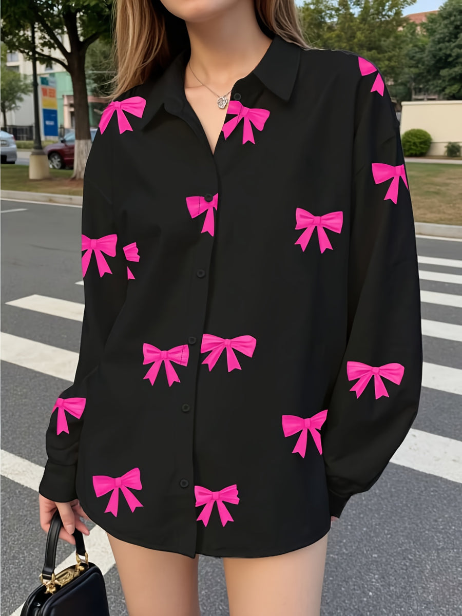 Early Autumn Series Women's Top with Bow Print, Youthful and Casual Shirt - Mixed colors