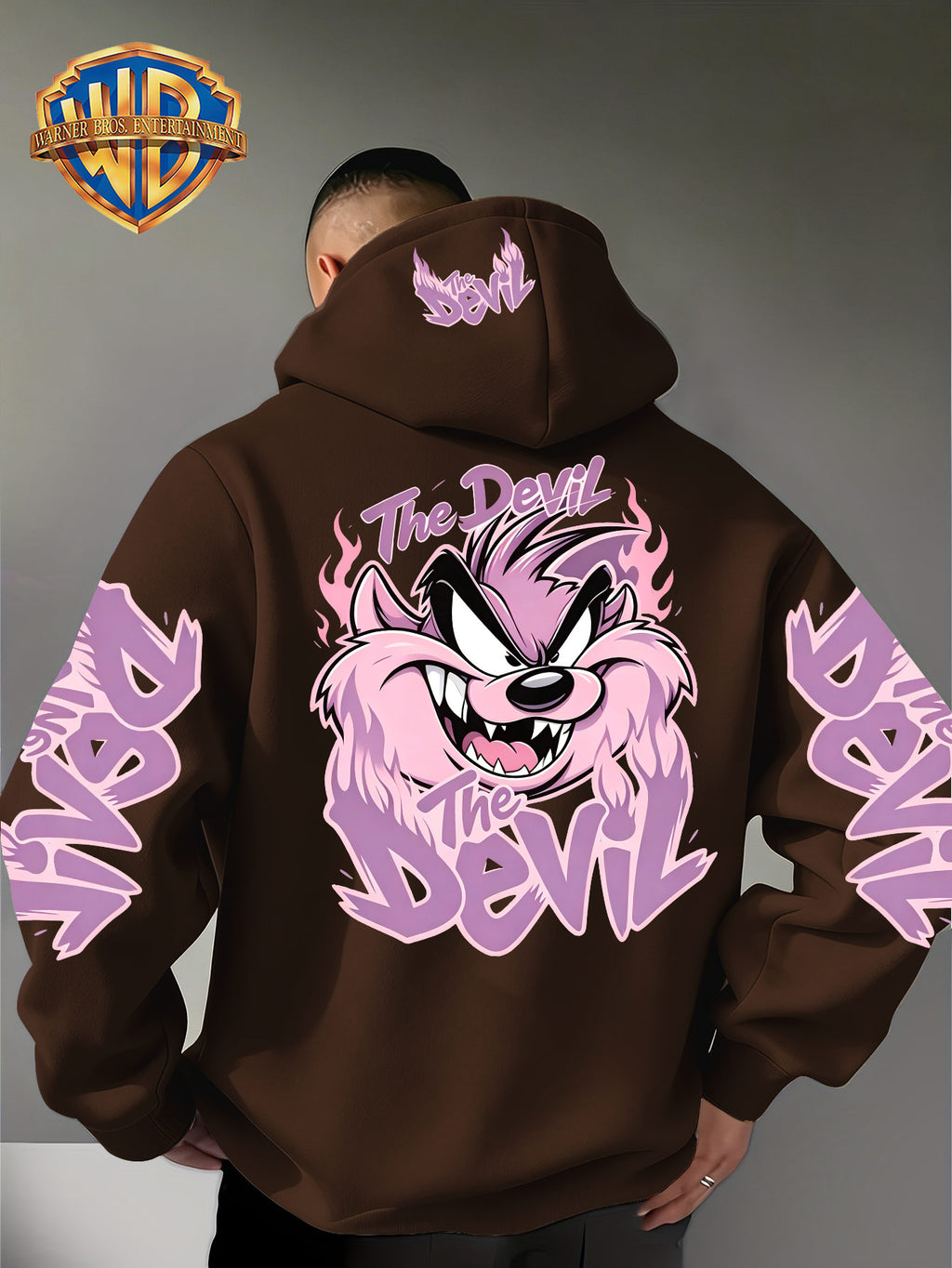 Le Yitong Tasmanian Devil Big Mouth Monster Print Hoodie, with Sleeve Print Design, Kangaroo Pouch And Drawstring Hood, Suitable for Autumn/Winter Casual Wear And Outdoor Activities - Coffee Color