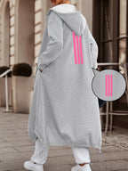 Autumn/Winter Women's Casual Fashion Long Hooded Jacket with Front and Back Print, Pink Three Vertical Stripes Decorative Pattern, Comfortable and Relaxed for Daily Commuting and Multiple Scenarios - Grey