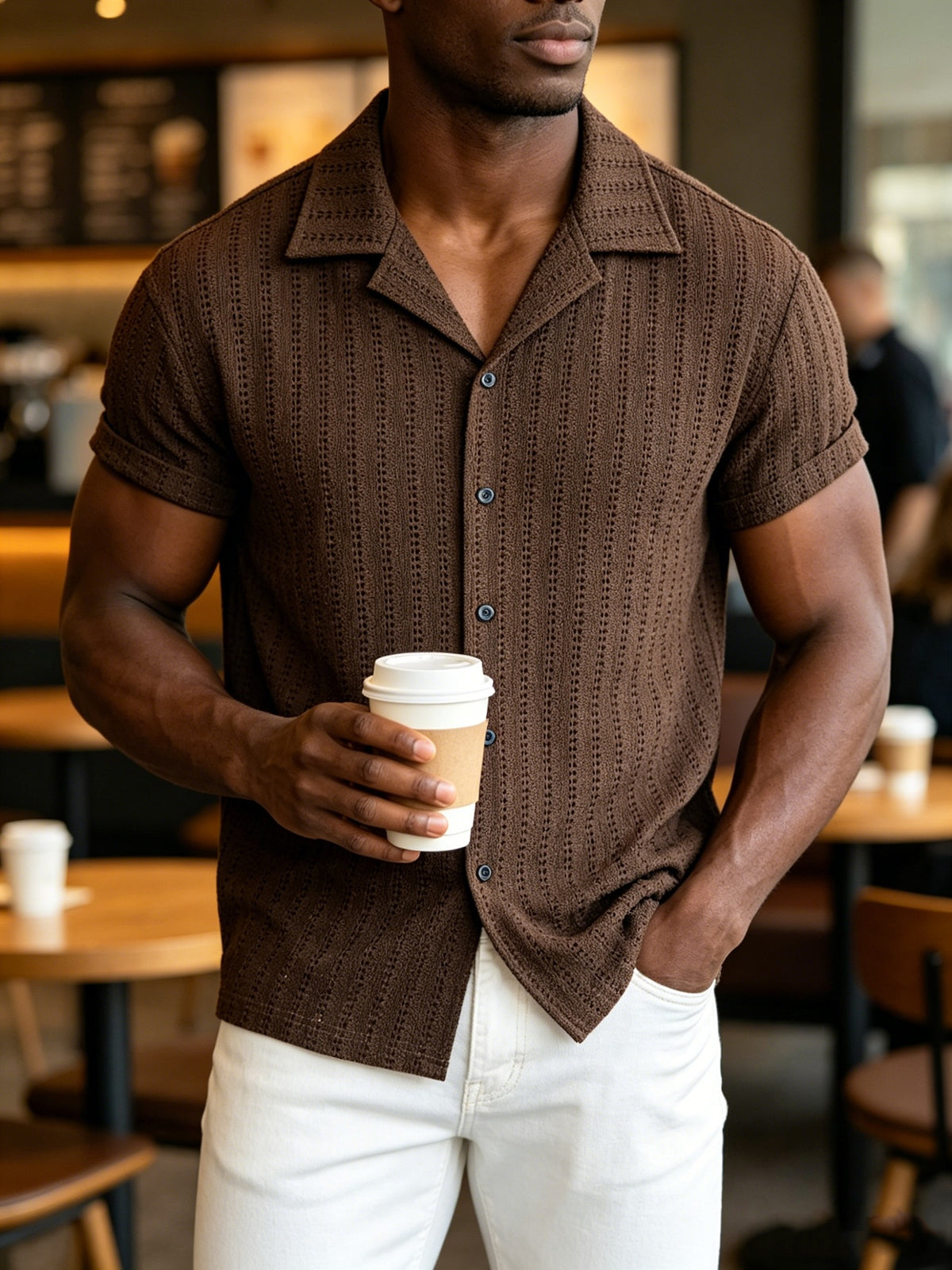 Men'S Crochet Knit Camp Collar Shirt, Short Sleeve Button- for Beach Vacation Casual Daily Wear - Coffee Color