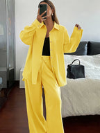 Women'S Spring Autumn Elegant Casual Loose Comfortable Solid Color Shirt Top And Straight Long Pants 2pcs Set - Golden