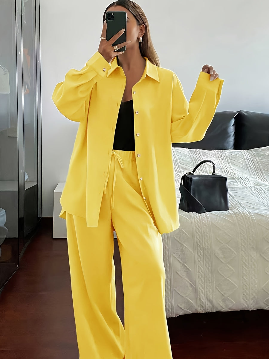 Women'S Spring Autumn Elegant Casual Loose Comfortable Solid Color Shirt Top And Straight Long Pants 2pcs Set - Golden