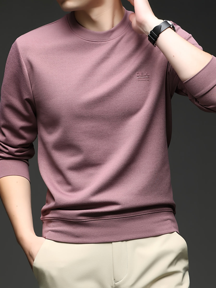 [Saa Xing OBM] 1pc Spring/Autumn New Men'S Sweatshirt, Solid Color Round Neck Long Sleeve Men'S Business Casual Fashion Breathable All-Match Pullover Base Layer Top, Suitable for Spring And Autumn, Single Wear Or Inner Layer, Fits Daily And Casual - Light Violet