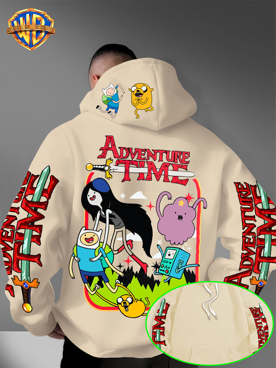 Warner Bros. Adventure Time Large Back Print, Hooded Sweatshirt with Hat Design Pattern, Multifunctional Street Style Men's Hoodie, Comfortable and Casual, Suitable for Autumn and Winter Wear - Apricot