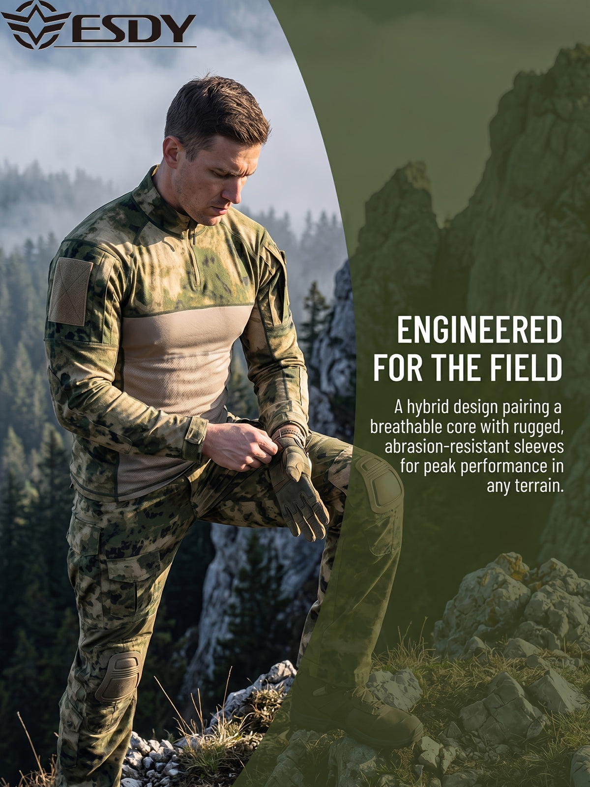 ESDY 1-Piece Men's Stand Collar Tactical BDU Sweatshirt, Large Mesh Breathable Half-Zip Outdoor Combat Top, Chest and Back Mesh Breathable Training Wear - Olive Green