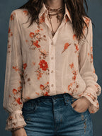 All-Season Floral Print Long Sleeve Shirt, Casual Semi-Transparent Versatile Retro Chiffon Front Button-Up Design, Flared Sleeves, Elegant Fashion Women'S Blouse - Apricot