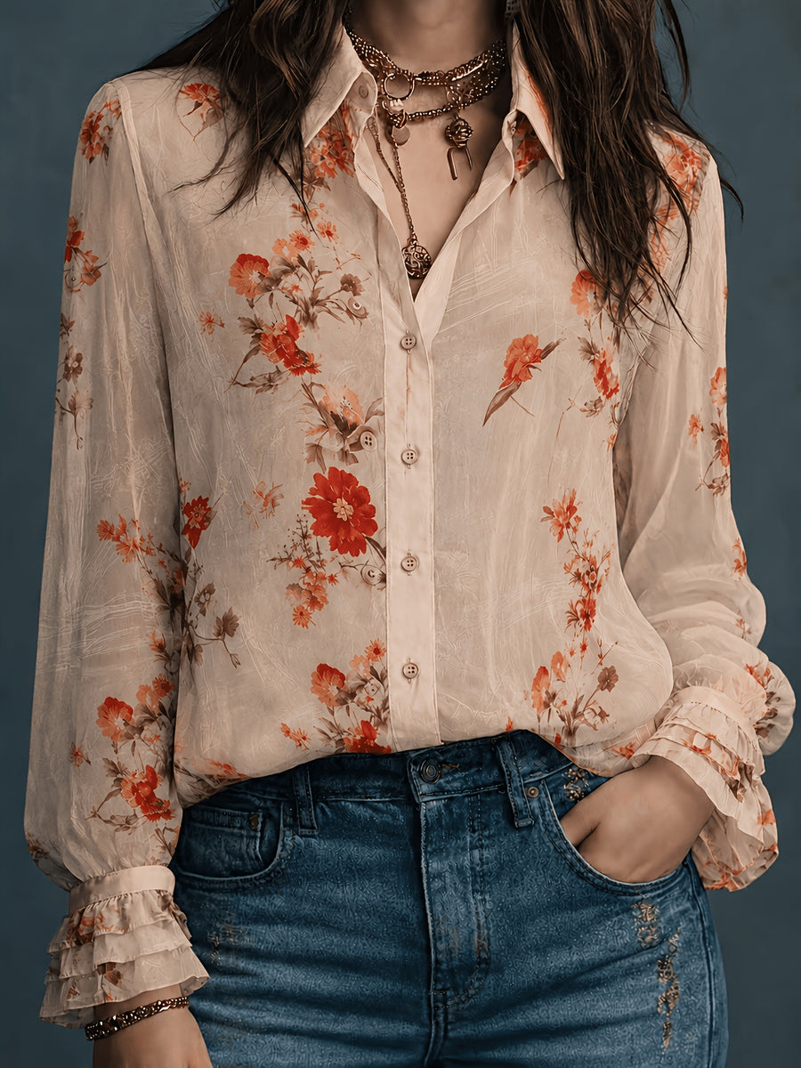 All-Season Floral Print Long Sleeve Shirt, Casual Semi-Transparent Versatile Retro Chiffon Front Button-Up Design, Flared Sleeves, Elegant Fashion Women'S Blouse - Apricot