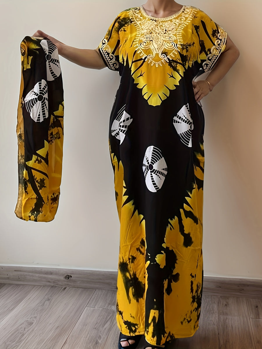 Plus-Size Floral Print Kaftan Dress for Ramadan, Elegant Round-Neck Short-Sleeve Gown for Middle Eastern Women, Women'S Plus-Size Clothing - ginger-colored