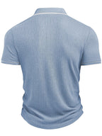 Men'S Fashion Men'S Clothing Top Spring Summer Casual Outdoor Textured Ribbed Fabric Lapel Short Sleeve Single-Button Letter Print Men'S Polo Shirt - Sky Blue