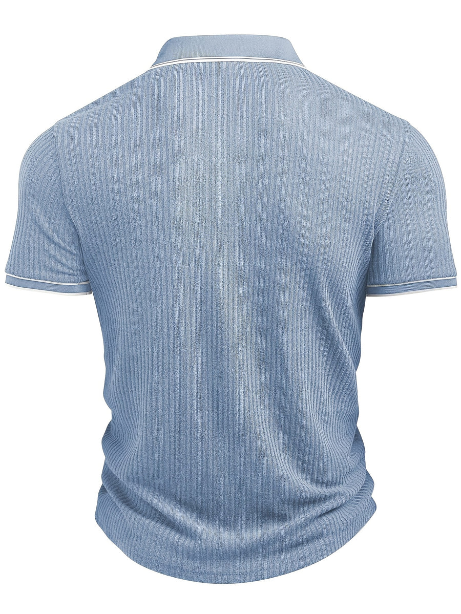 Men'S Fashion Men'S Clothing Top Spring Summer Casual Outdoor Textured Ribbed Fabric Lapel Short Sleeve Single-Button Letter Print Men'S Polo Shirt - Sky Blue