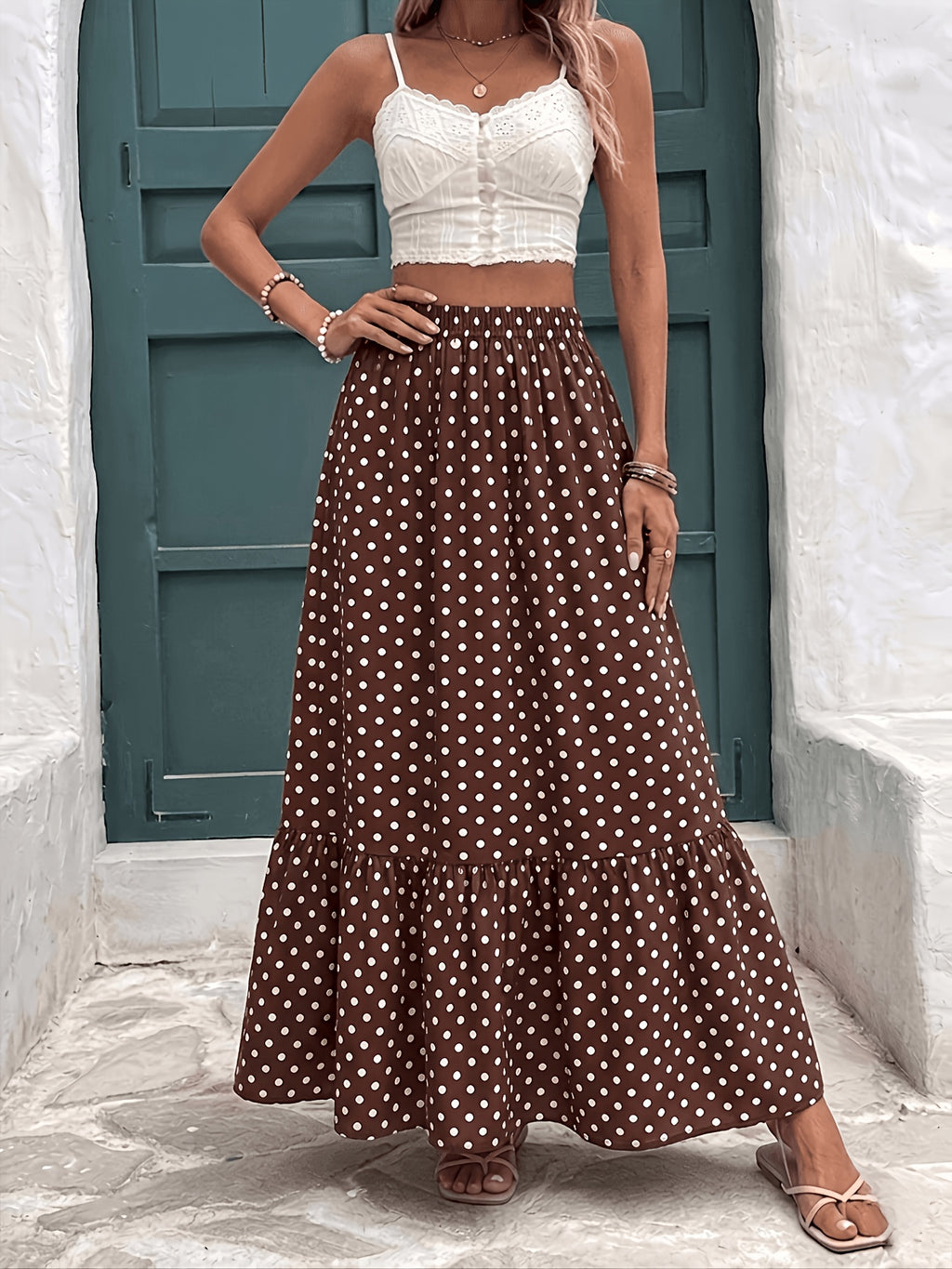 Women'S Pleated Half Skirt, Ladies Vacation Style Long Skirt Brown Polka Dot Pattern Printed Long Skirt, Summer Women'S Beach Skirt Brown Polka Dot High-Waist Long Skirt - Multicolor