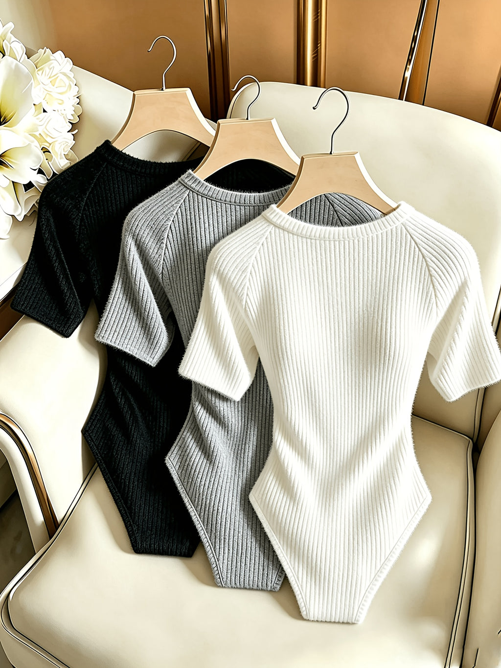3pcs Set, Women'S Elegant Brushed Ribbed Jumpsuit, Soft Bodysuit, Short Sleeve Round Neck Bodysuit - Black+white+gray
