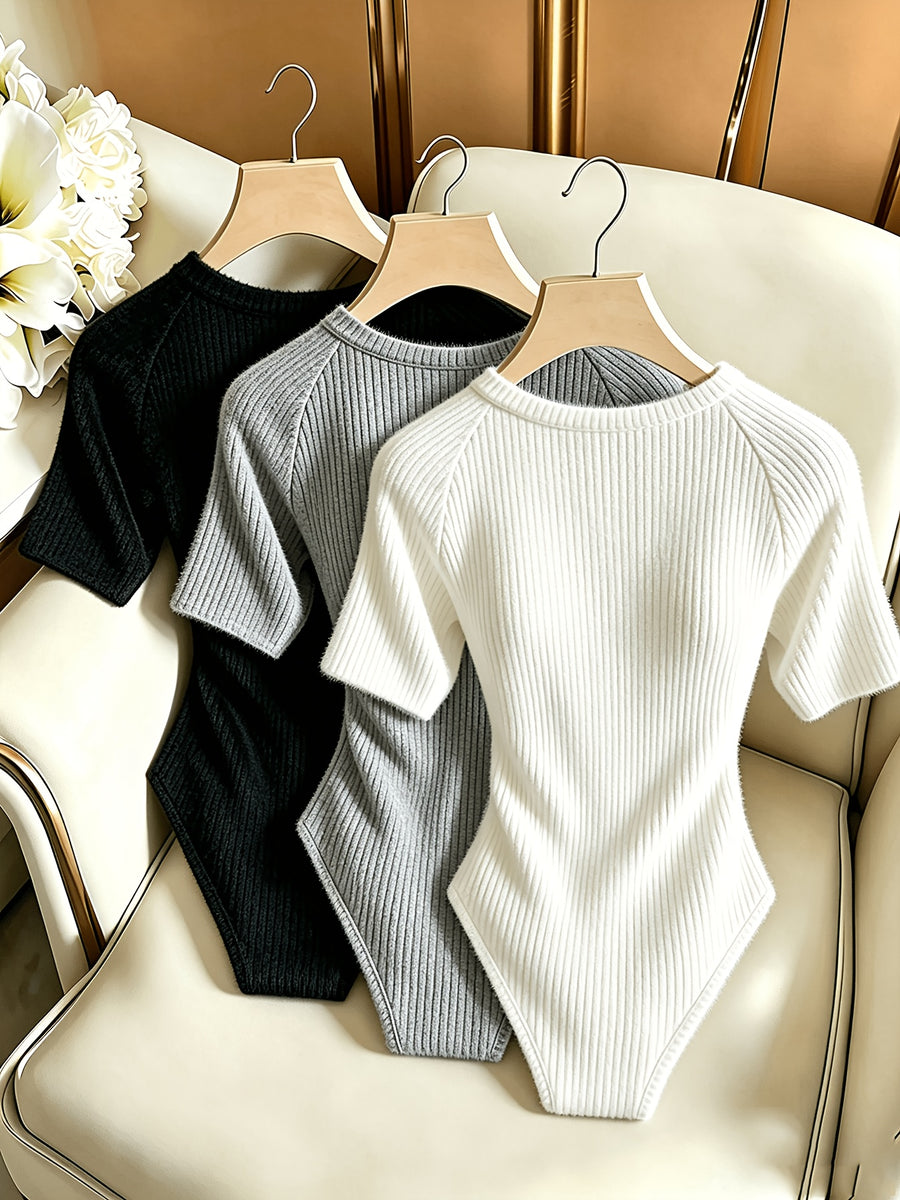 3pcs Set, Women'S Elegant Brushed Ribbed Jumpsuit, Soft Bodysuit, Short Sleeve Round Neck Bodysuit - Black+white+gray