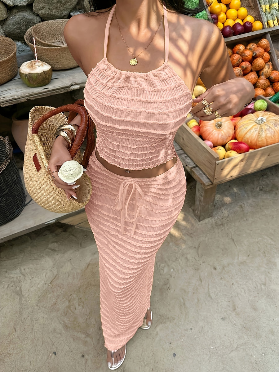 Women'S Casual Romantic Vacation Set 2pcs, Halter Neck Off-Shoulder Top And Skirt Outfit, Light Yellow Beach Holiday Wear, Stretchy Textured Jacquard Fabric, Machine Washable - Pale Pinkish Gray