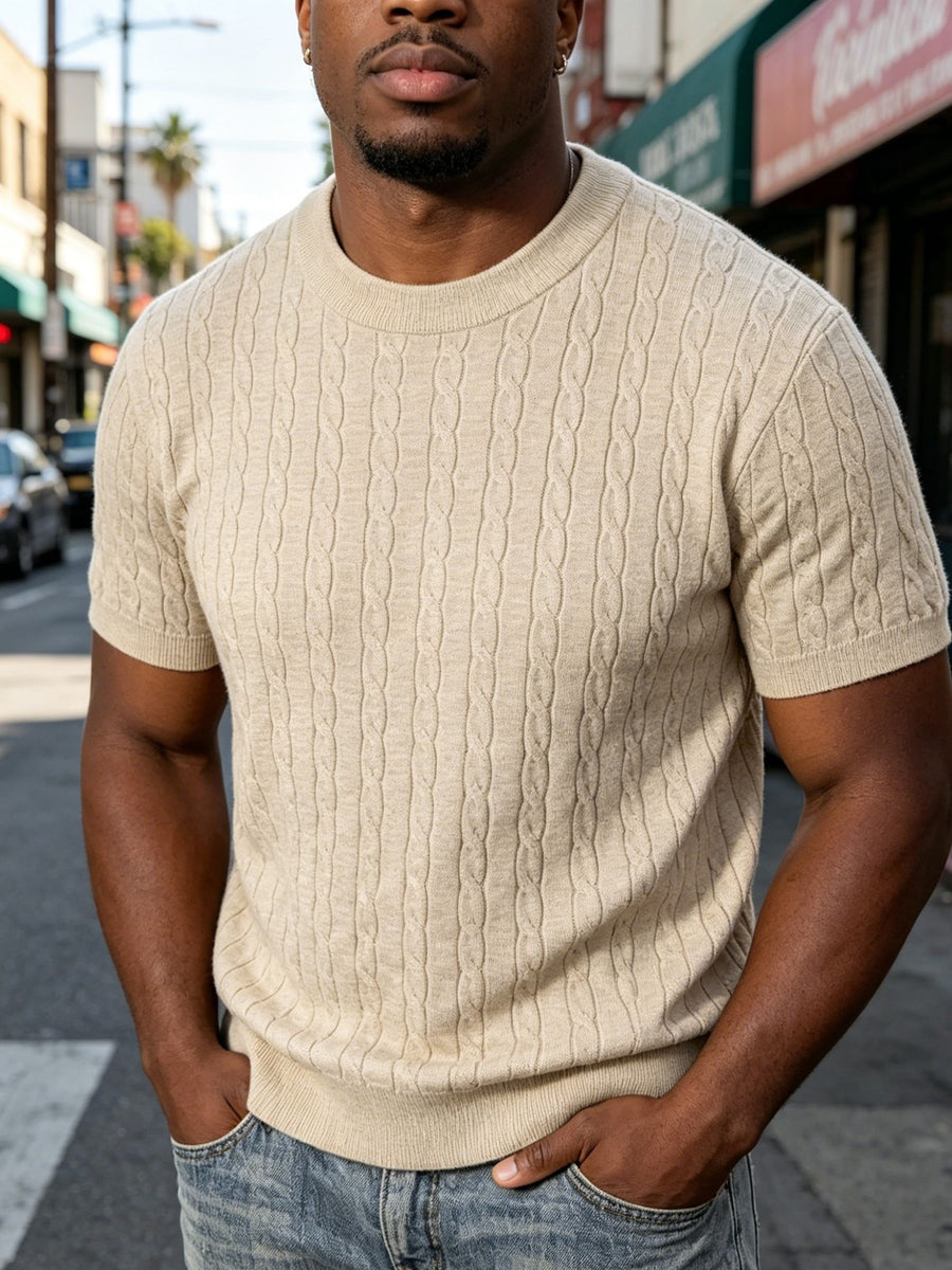Classic Round Neck Cable Knit T-Shirt, Men'S Spring Summer Vintage Texture Top, Cable Twist Pattern Design, Breaking Pure Color Monotony, Suitable for Friends' Gatherings, Outdoor Camping, Casual Dates, Daily Strolls - Apricot