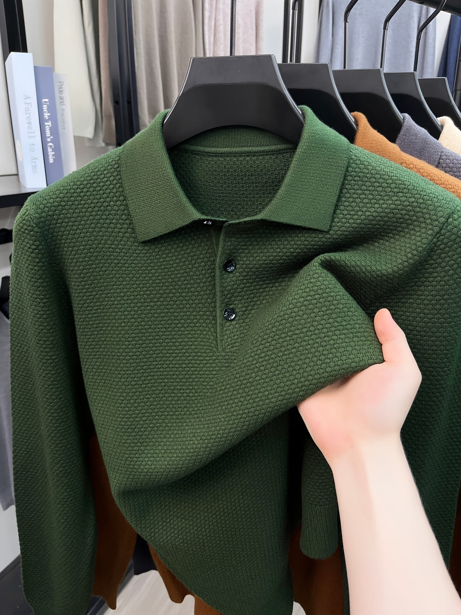 Autumn Men'S Long Sleeve T-Shirt Long Sleeve Pineapple Needle Lapel Business Casual Solid Color POLO Shirt - Army Green