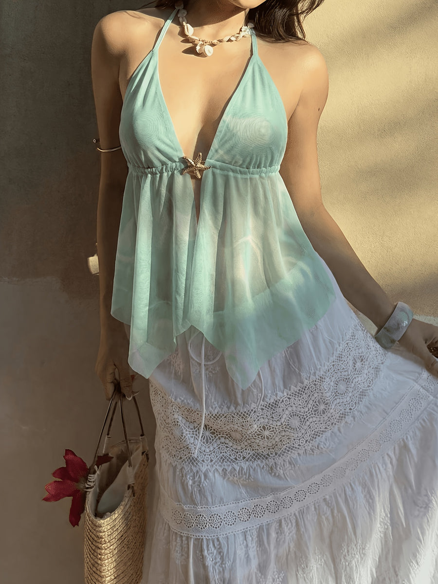 Women'S Vacation Sexy Criss-Cross Backless Tie-Dye Halter Neck Camisole - Light Green