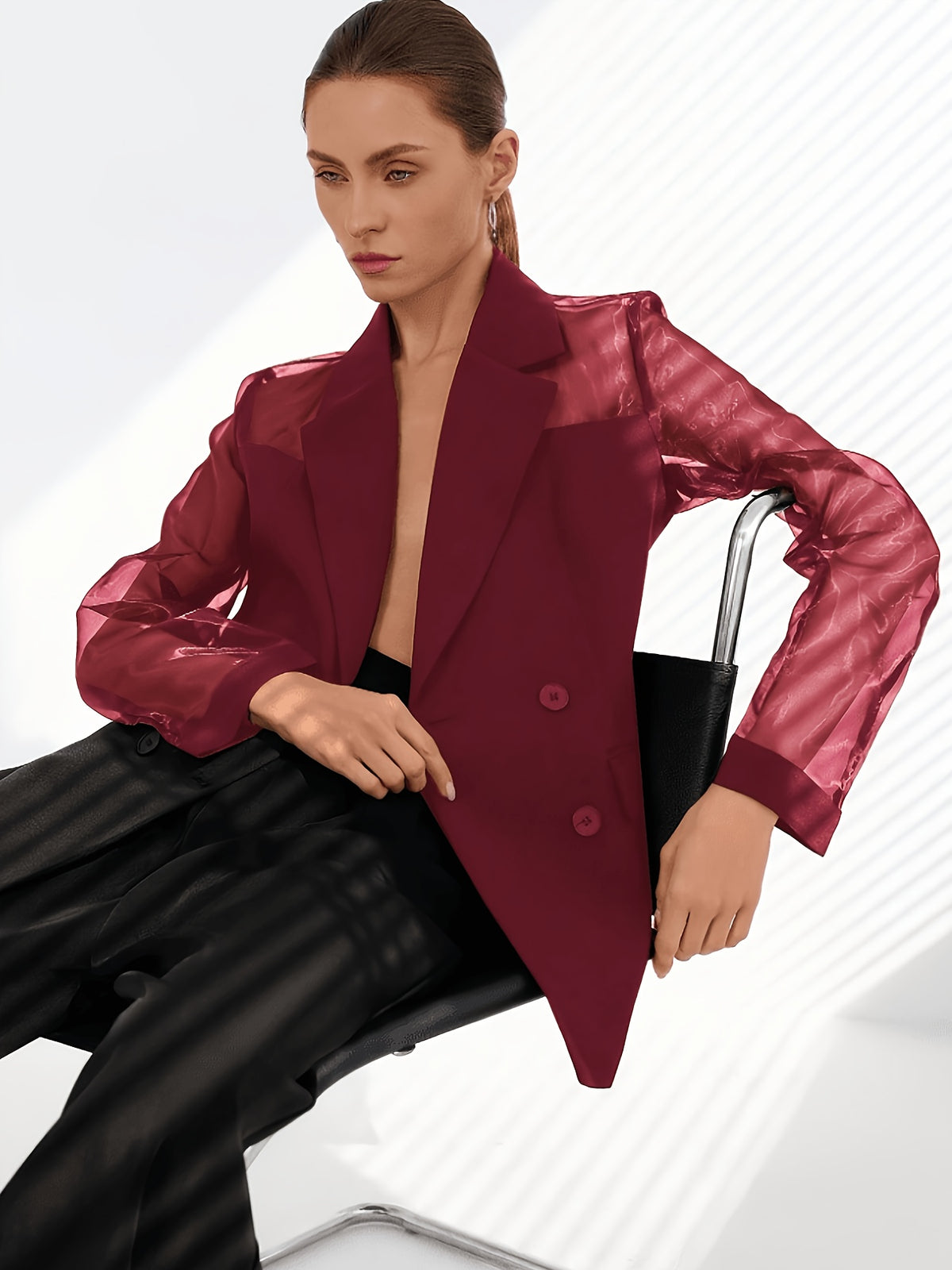 Fashionable Women's Elegant Blazer, Stylish High-End Mesh Patchwork Double-Breasted New Casual Suit Jacket - Burgundy