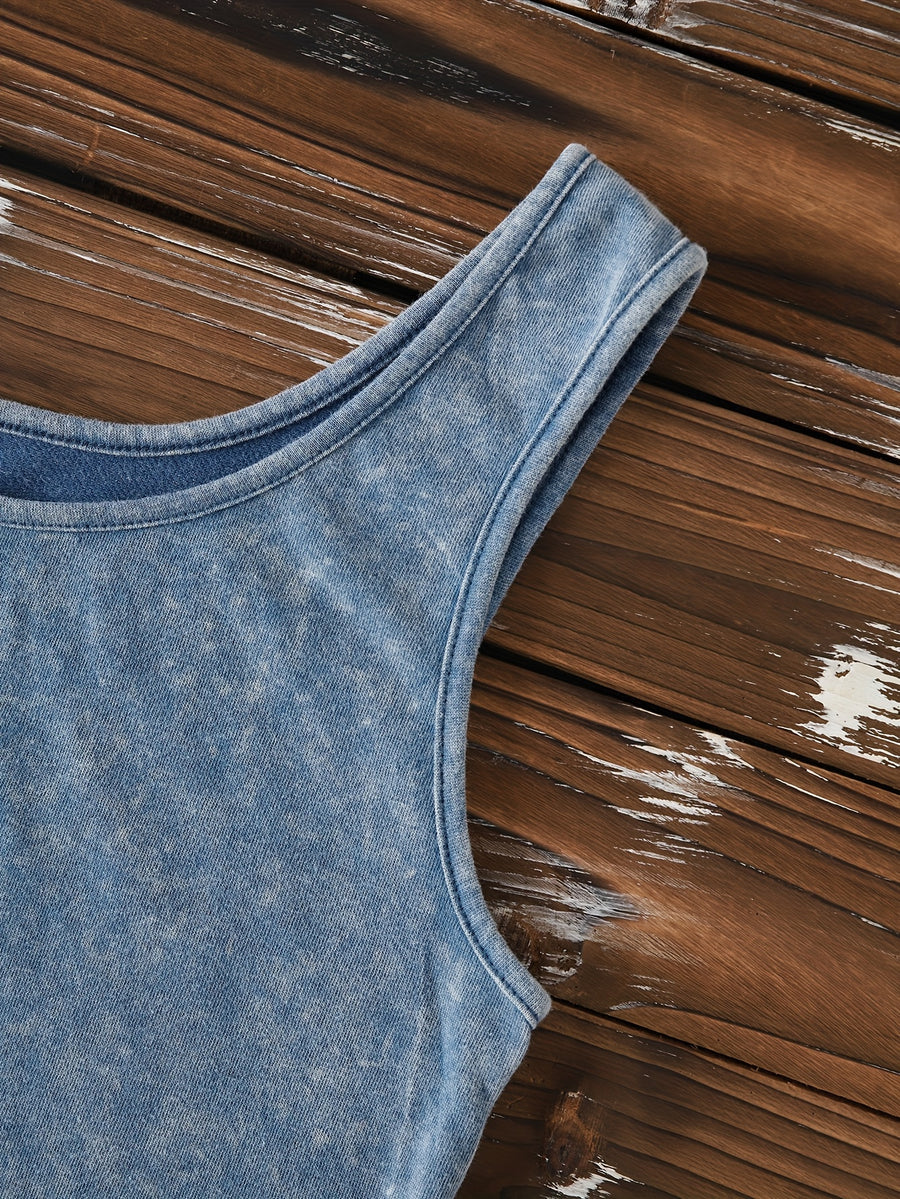 Ladies' Fashion Trend Fried Snowflake Washed - Angel Creative Pattern Printed Sleeveless Vest - Navy Color