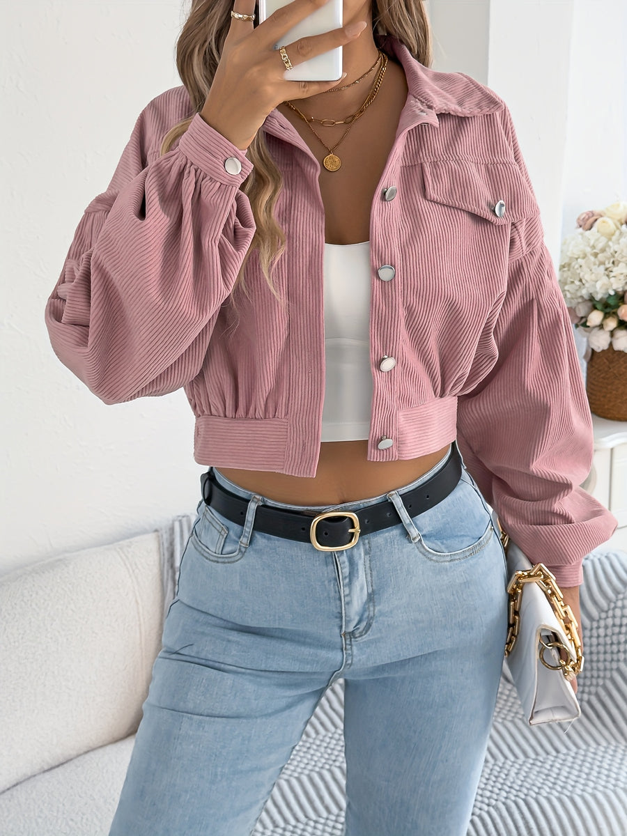 Spring Autumn Casual Vacation Solid Color Single Breasted Lantern Long Sleeve Corduroy Short Coat Women'S Jacket - Pink Color