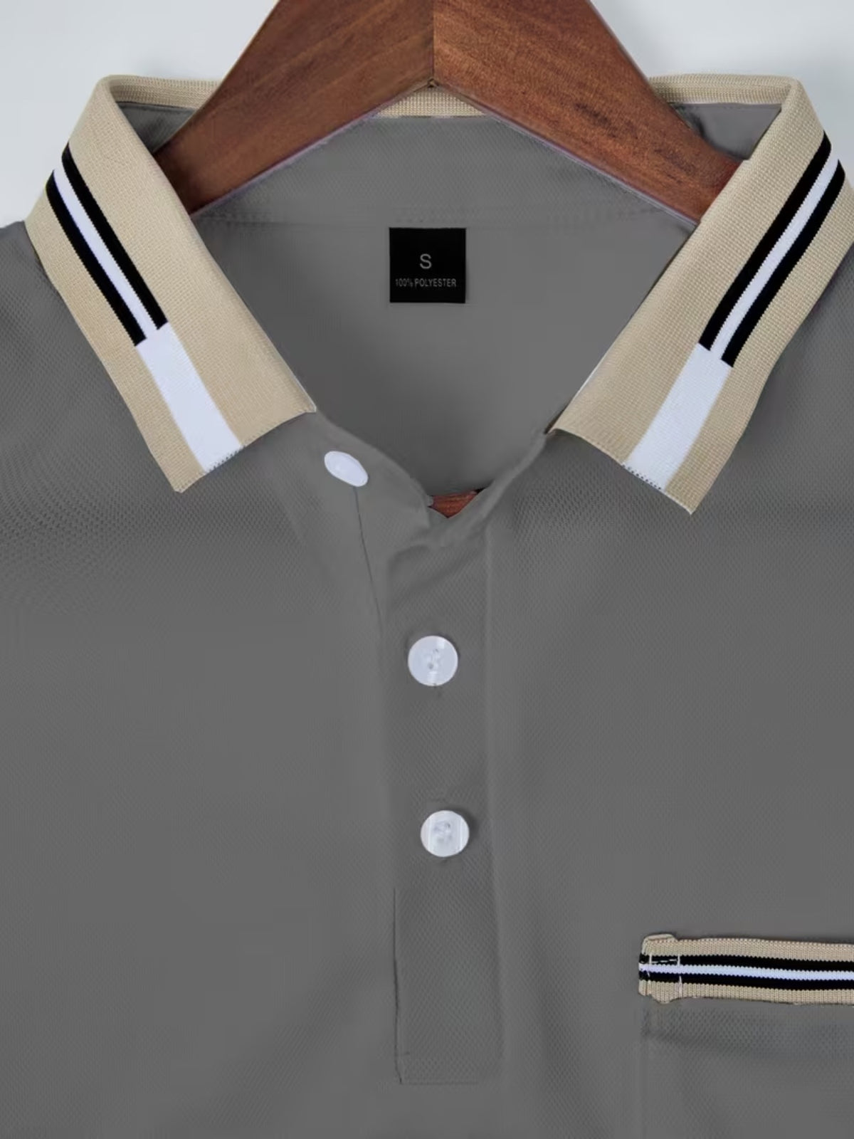 Men'S Fashion Casual Polo Shirt Short Sleeve with Chest Pocket Striped Collar Cuff Design Trendy Street Style for Adults Men Daily Wear - Grey