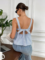 Elegant Ladies Blue And White Striped Backless Bow Tie Ladies Shirt, Shirt, Cute Top - Blue And White Stripes
