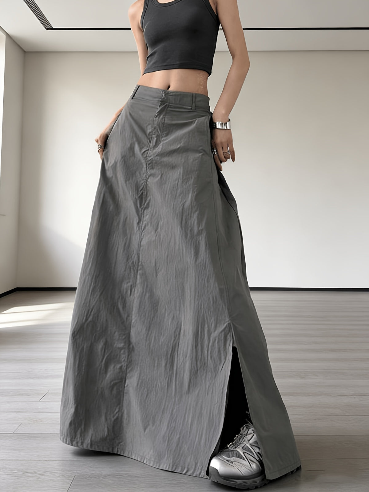American Workwear Skirt Women'S 2025 New High-Waist Vintage Side Pleat Design A-Line Butt-Hugging Long Dress - Grey