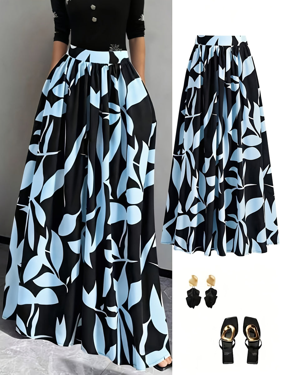 New Spring/Summer/Autumn Women's Printed High-Waist A-Line Skirt, Summer Vacation Dress - Light Blue
