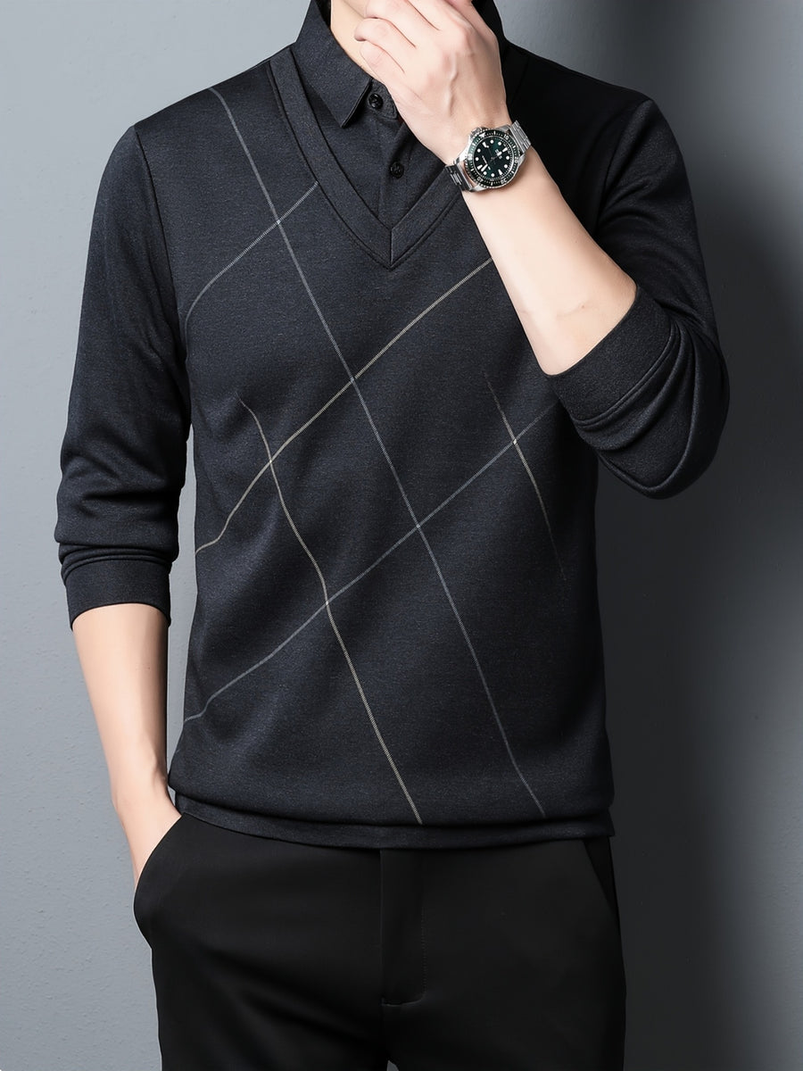 Fake Two-Piece Men'S Top Autumn Winter Base Layer Checkered Shirt Collar Men'S Business Casual Versatile Inner Top - Grey