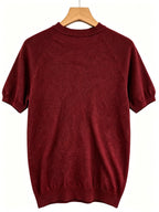 Men's Raglan Crew Neck Short Sleeve Knitwear with Street Graffiti Letter Print, Thin, Breathable, Casual Half-Sleeve - Burgundy