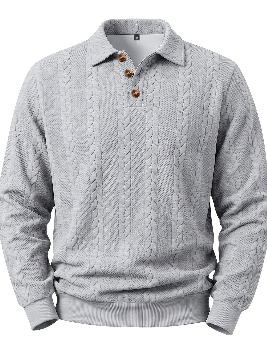 New Men'S Retro Jacquard Lapel Knit Polo Sweater Autumn Business Casual Long Sleeve Sweater Loose All-Match Solid Color Pullover Top - Grey