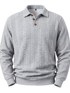 New Men'S Retro Jacquard Lapel Knit Polo Sweater Autumn Business Casual Long Sleeve Sweater Loose All-Match Solid Color Pullover Top - Grey