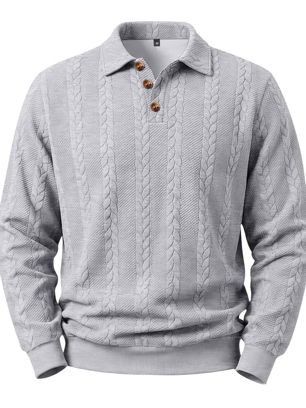New Men'S Retro Jacquard Lapel Knit Polo Sweater Autumn Business Casual Long Sleeve Sweater Loose All-Match Solid Color Pullover Top - Grey