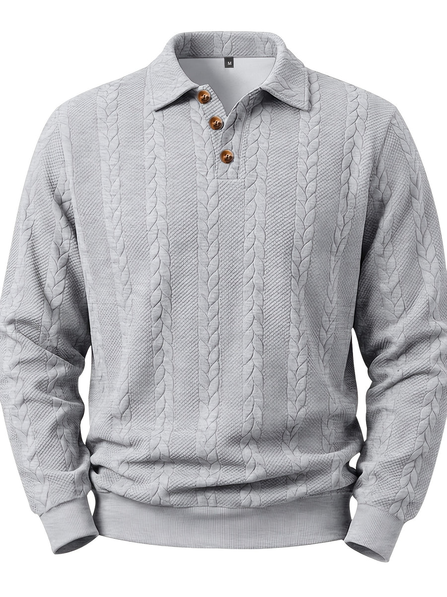 New Men'S Retro Jacquard Lapel Knit Polo Sweater Autumn Business Casual Long Sleeve Sweater Loose All-Match Solid Color Pullover Top - Grey