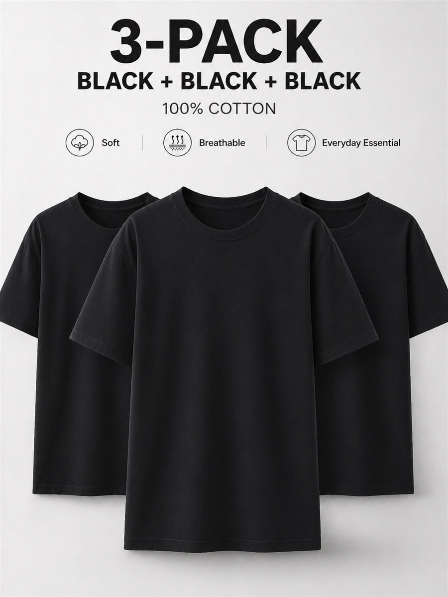3pcs 100% Pure Solid Color Short-Sleeve T-Shirts, Unisex Crew Neck Basic Style Summer Change-Out Set, Soft, Skin-Friendly, Sweat-Absorbent, Breathable, Comfortable, Durable, Casual for Home, Outer Wear, Commuting, Versatile Top - Black+Black+Black