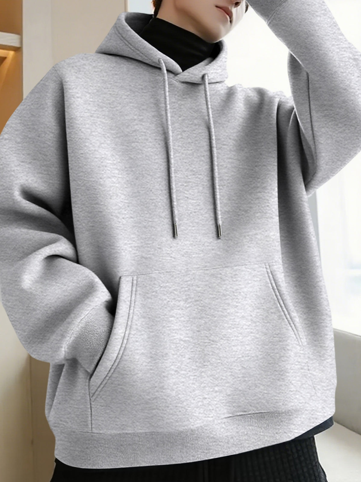 Thanksgiving Men's Hoodie with "AMOR" Blue Ink Splatter Graffiti Print on the Back, Warm and Comfortable Autumn/Winter Hooded Sweatshirt, Featuring a Practical Kangaroo Pocket, Trendy Brand-Style Stacked Letter Pattern and Floral Design - Grey