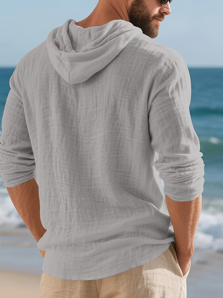 Men's Casual Linen Hoodie, Long Sleeve Henley Button Pullover. Crafted from Soft, Lightweight and Breathable Fabric, It Features a Relaxed Fit and Front Kangaroo Pocket. Ideal for Beach Vacations, Outdoor Activities, Travel and Daily Casual Wear. - Grey