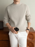 [Wading Whale OBM] 1pc Autumn/Winter New Thick Men'S Knit Pullover Sweater, Old Money Style Solid Checkered Ribbed Round Neck Long Sleeve Men'S Business Casual Fashion Sweater, Suitable for Spring, Autumn, Winter Layering Or Outerwear - Beige Apricot