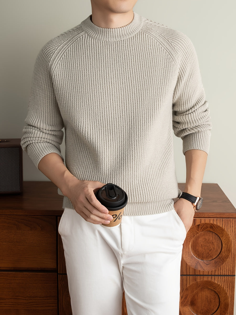 [Wading Whale OBM] 1pc Autumn/Winter New Thick Men'S Knit Pullover Sweater, Old Money Style Solid Checkered Ribbed Round Neck Long Sleeve Men'S Business Casual Fashion Sweater, Suitable for Spring, Autumn, Winter Layering Or Outerwear - Beige Apricot