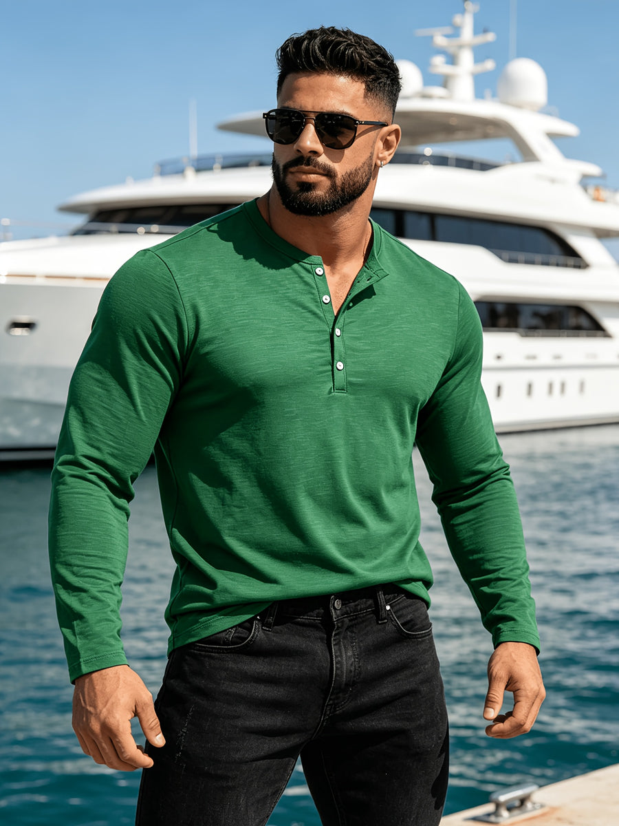 2pcs New Men's Fashionable Sporty Long-Sleeve Pure Cotton Henley Button-Up Shirt, Spring/Autumn Casual, Comfortable, Soft, Trendy, Simple, High-End, Versatile, and Refreshing - Mix color 5