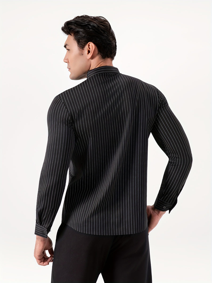 Seamless High-Elasticity Pressed Hem Wrinkle-Free Men's Long-Sleeve Striped Fashion Casual High-End Button-Up Cardigan Four-Way Stretch Men's Top, Fabric Weight 160g, Material 88% Polyester Fiber 12% Spandex - Black Stripe