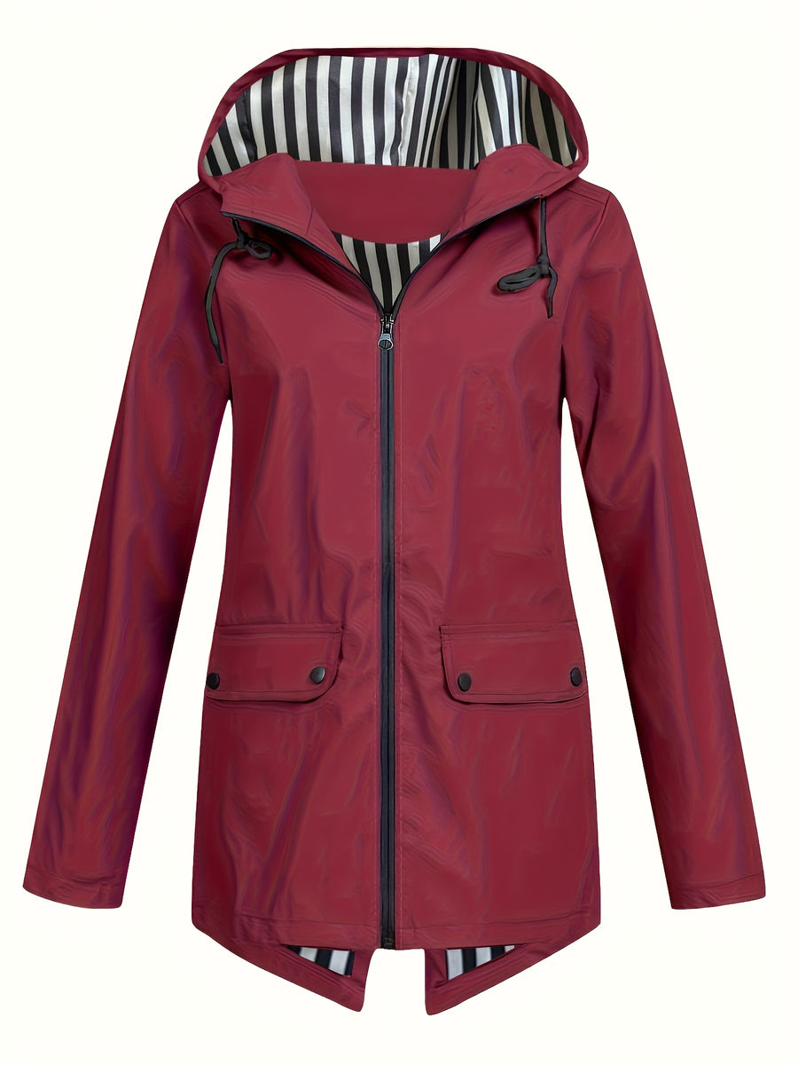 Autumn and Winter Striped Lined Hooded Windbreaker Jacket - Burgundy