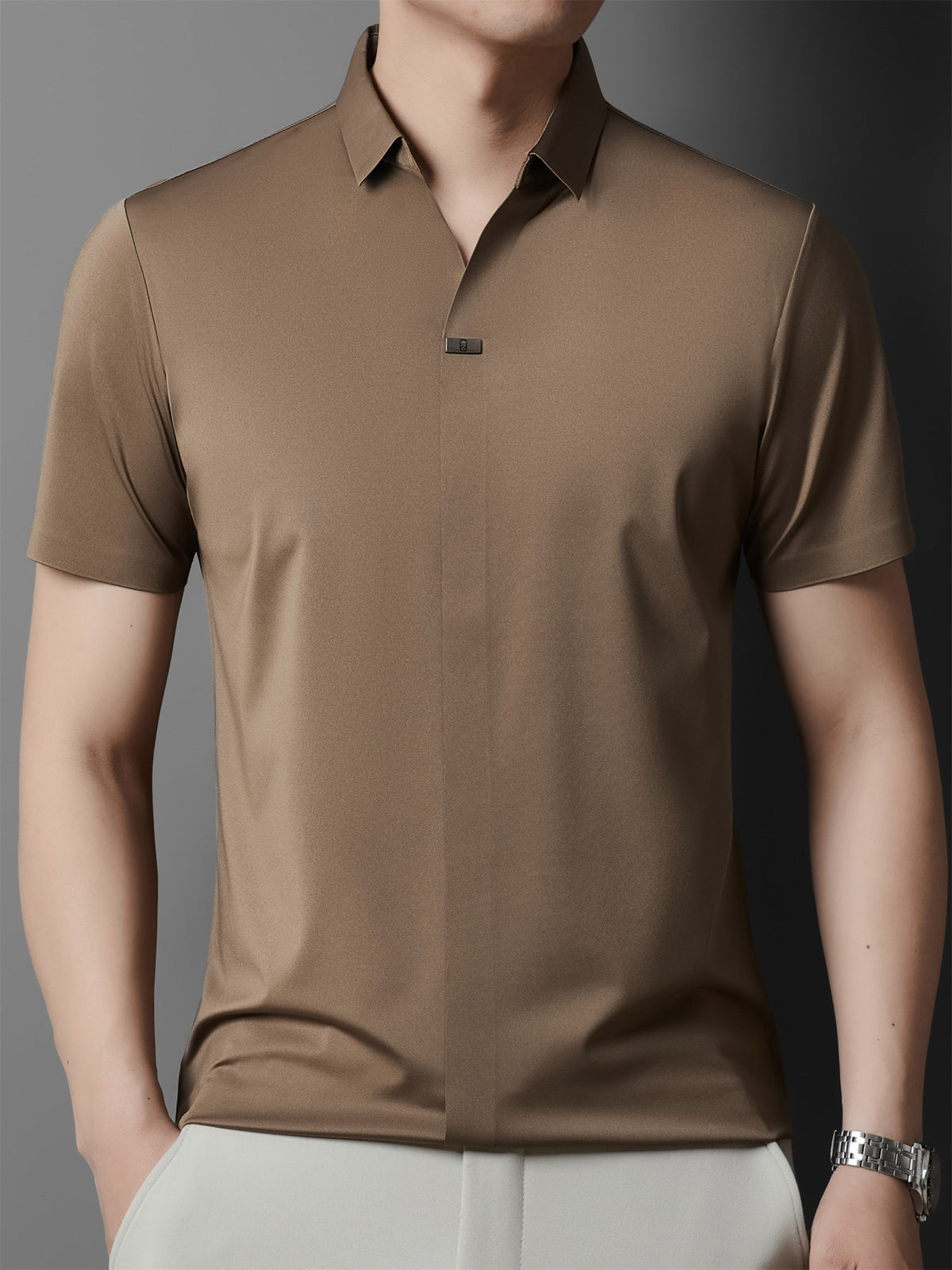 Summer New Men'S Short Sleeve Polo Shirt with Stand-Up Collar, Easy Business Casual High-End Breathable Half Sleeve T-Shirt Men'S Wear Cloud Ding Crown - Khaki
