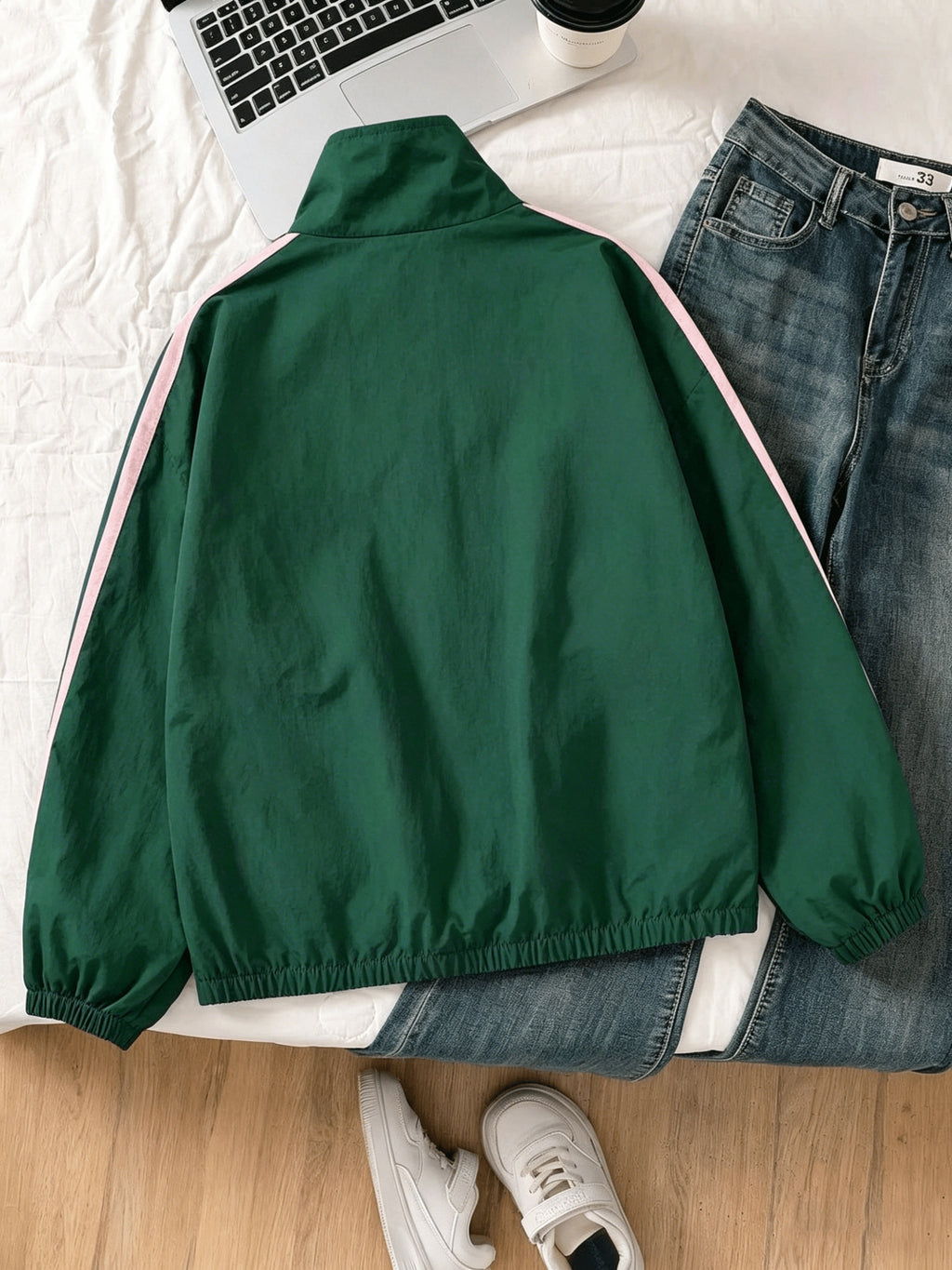 Women's Vintage College Bomber Jacket - Oversized Stand Collar Zipper Jacket with Chest Bow Embroidery, Two-Stripe Suitable for Casual Wear, Spring/Summer Swear, Unisex Couple's Outerwear, Machine Washable Loose Fit Jacket - Dark Green