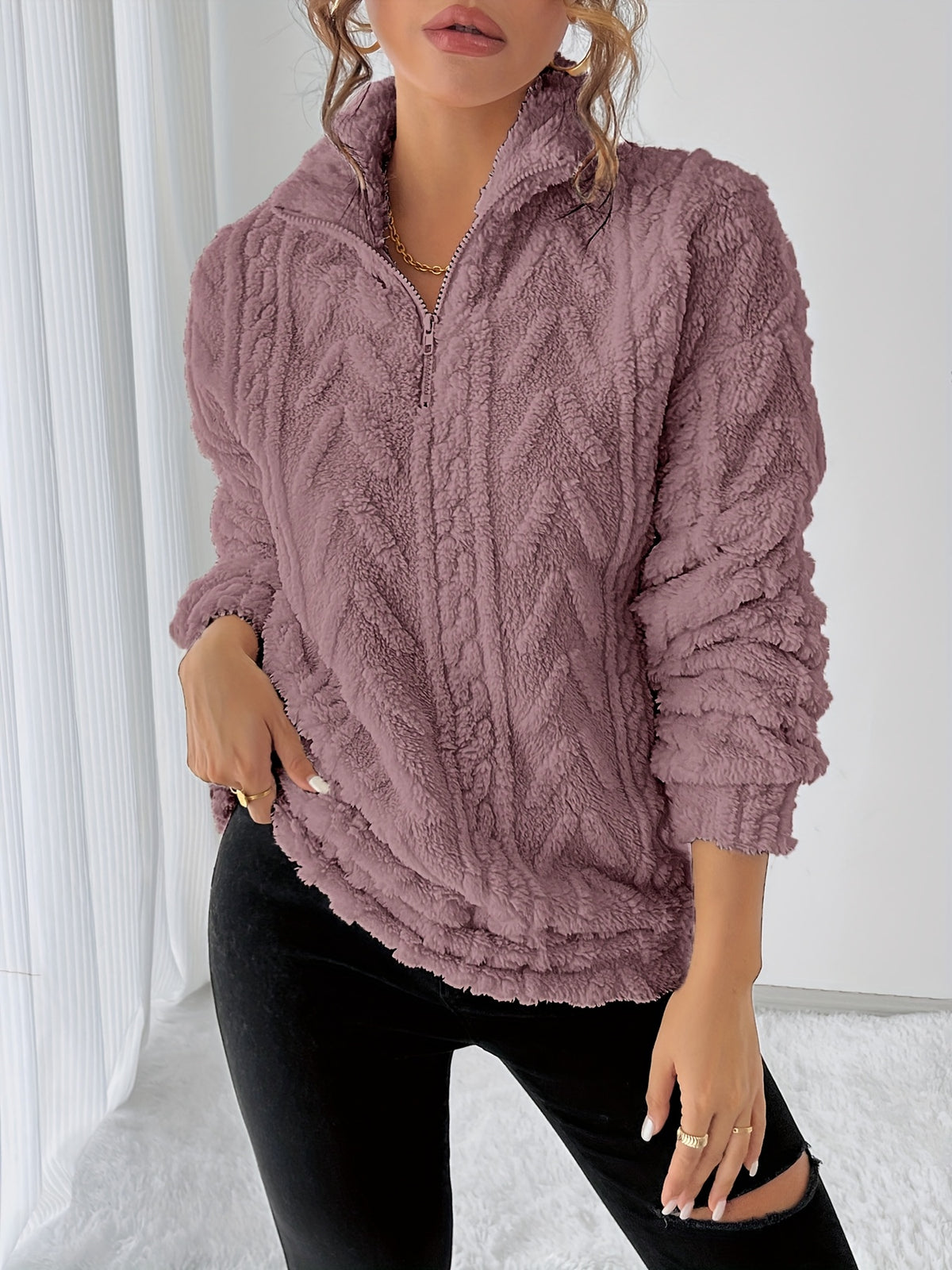 Autumn Winter Women'S Fashion Casual Versatile Warm Fleece Sweatshirt - Light Purple