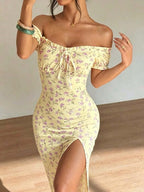 Small Floral Off-The-Shoulder Side-Slit Dress, Women'S Pure Temptation Style Off-Shoulder Waist-Cinching High-Slit -Covering Midi Dress, Suitable for Vacation Travel, Dates Afternoon Tea, And Casual Wear - Lemon Yellow